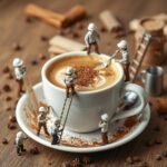 a tiny crew has built a giant cup of coffee for the boss. sprinkled with cinnamon and drizzled with caramel. the staff is climbing latters, pouring ingredient, taking measurements and speaking into their phones or taking notes.