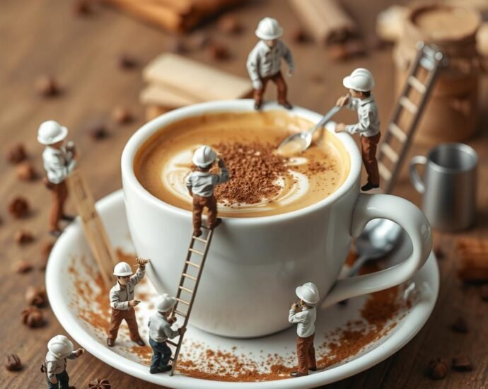 a tiny crew has built a giant cup of coffee for the boss. sprinkled with cinnamon and drizzled with caramel. the staff is climbing latters, pouring ingredient, taking measurements and speaking into their phones or taking notes.