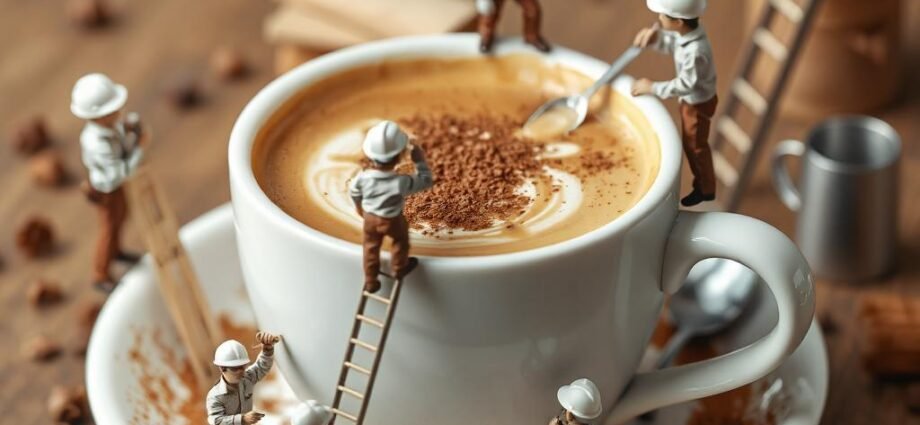 a tiny crew has built a giant cup of coffee for the boss. sprinkled with cinnamon and drizzled with caramel. the staff is climbing latters, pouring ingredient, taking measurements and speaking into their phones or taking notes.